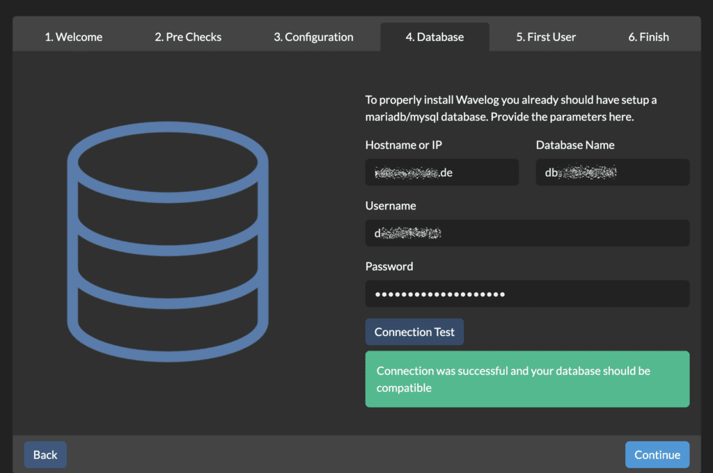 Entering database parameters with a connection test.